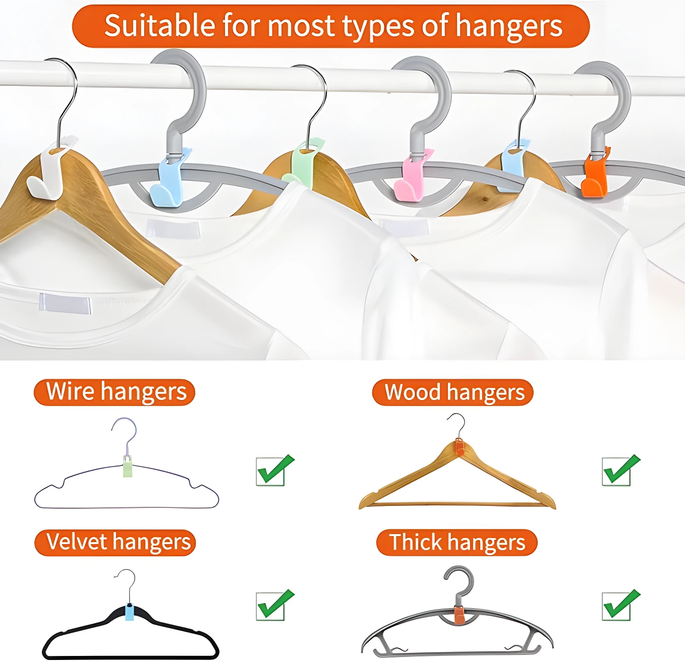 Conectores para colgar ropa en 4 colores, ideales para todo tipo de perchas. Muestra uso con perchas de alambre, madera y terciopelo.