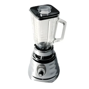 Licuadora Oster cromada con vaso de vidrio y selector de 3 velocidades.