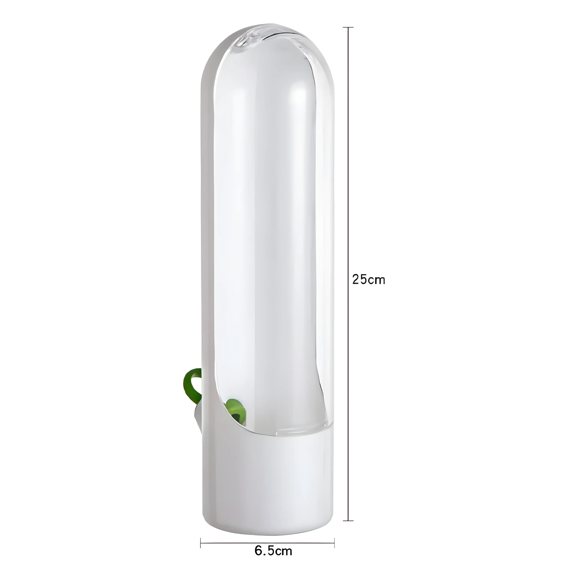 Botella conservadora de verduras 25x6.5cm, transparente y blanca, con gancho verde.