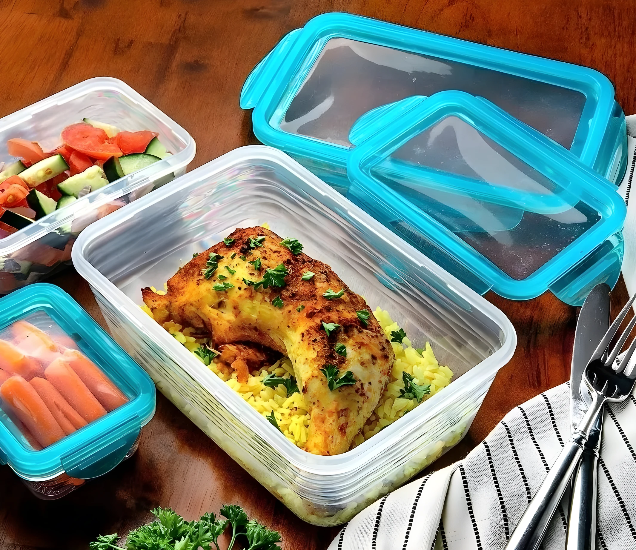 Contenedores para comida con pollo y arroz en uno, ensalada en otro y zanahorias.