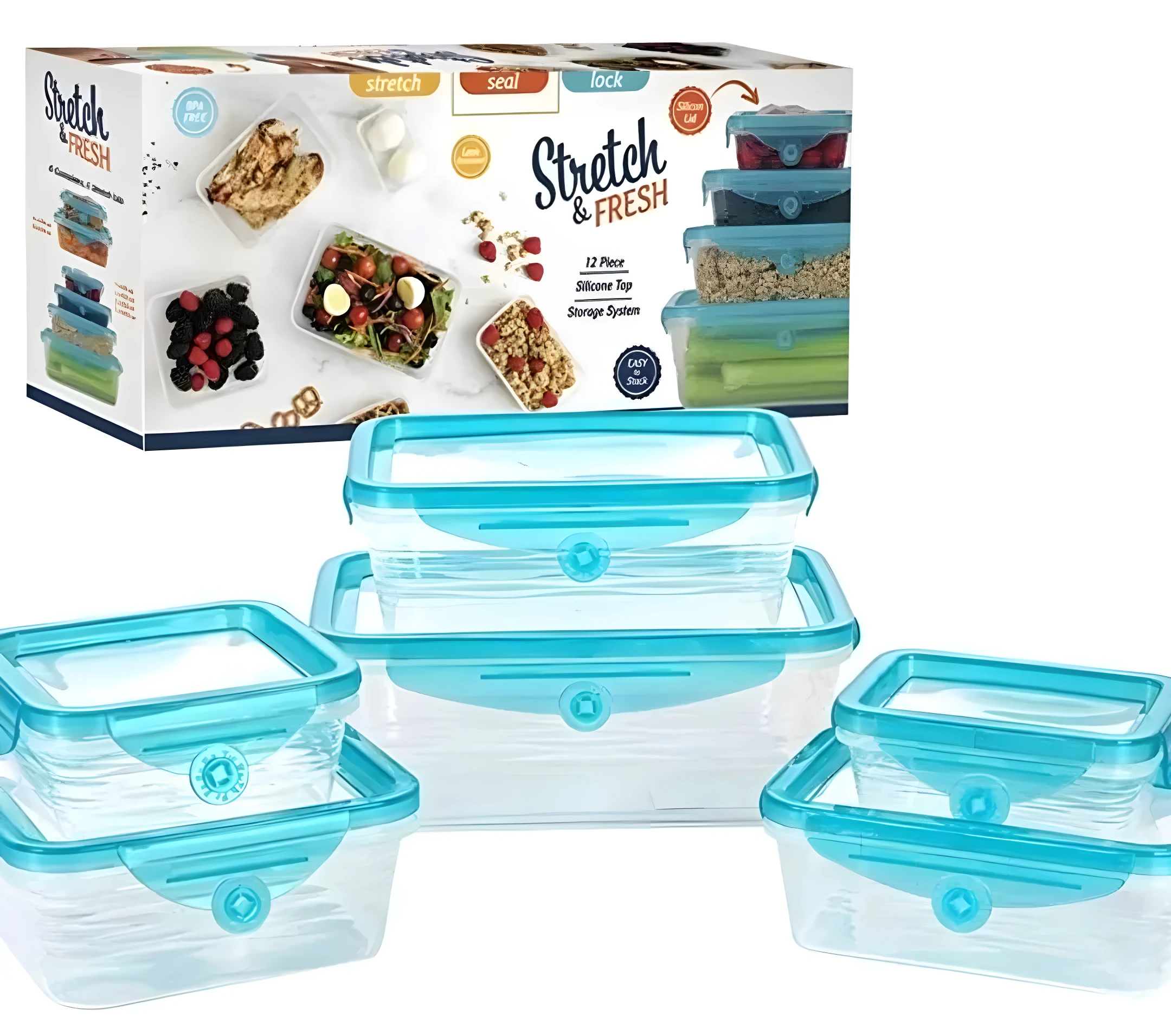 Contenedores de comida transparentes con tapas de silicona azul, tipo apilable, ideales para organizar alimentos frescos.