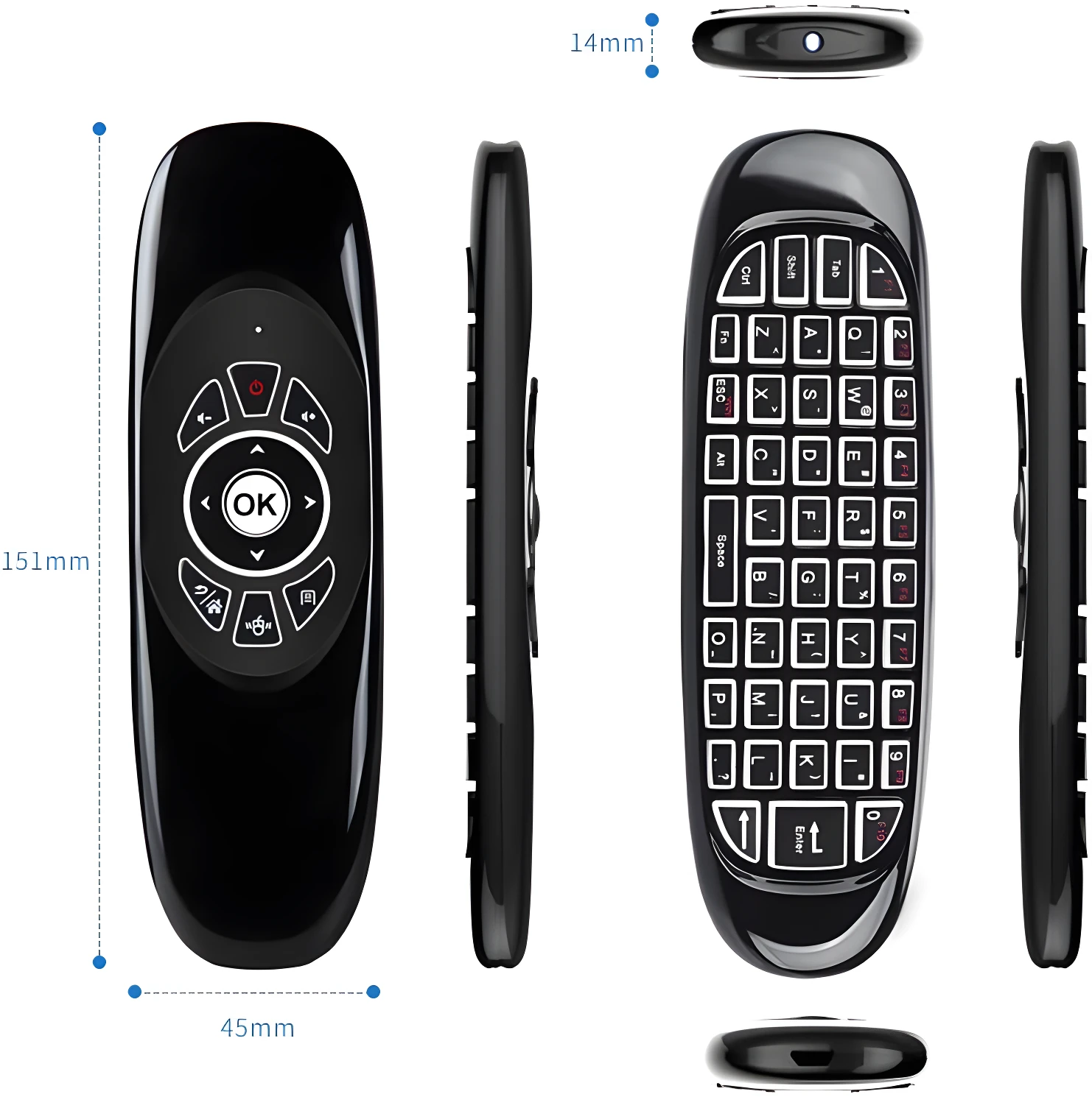 Control remoto Air Mouse Smart TV negro, 151mm x 45mm, con teclado QWERTY y botones de navegación.