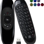 Control remoto Air Mouse Smart TV negro con teclado QWERTY y receptor USB.