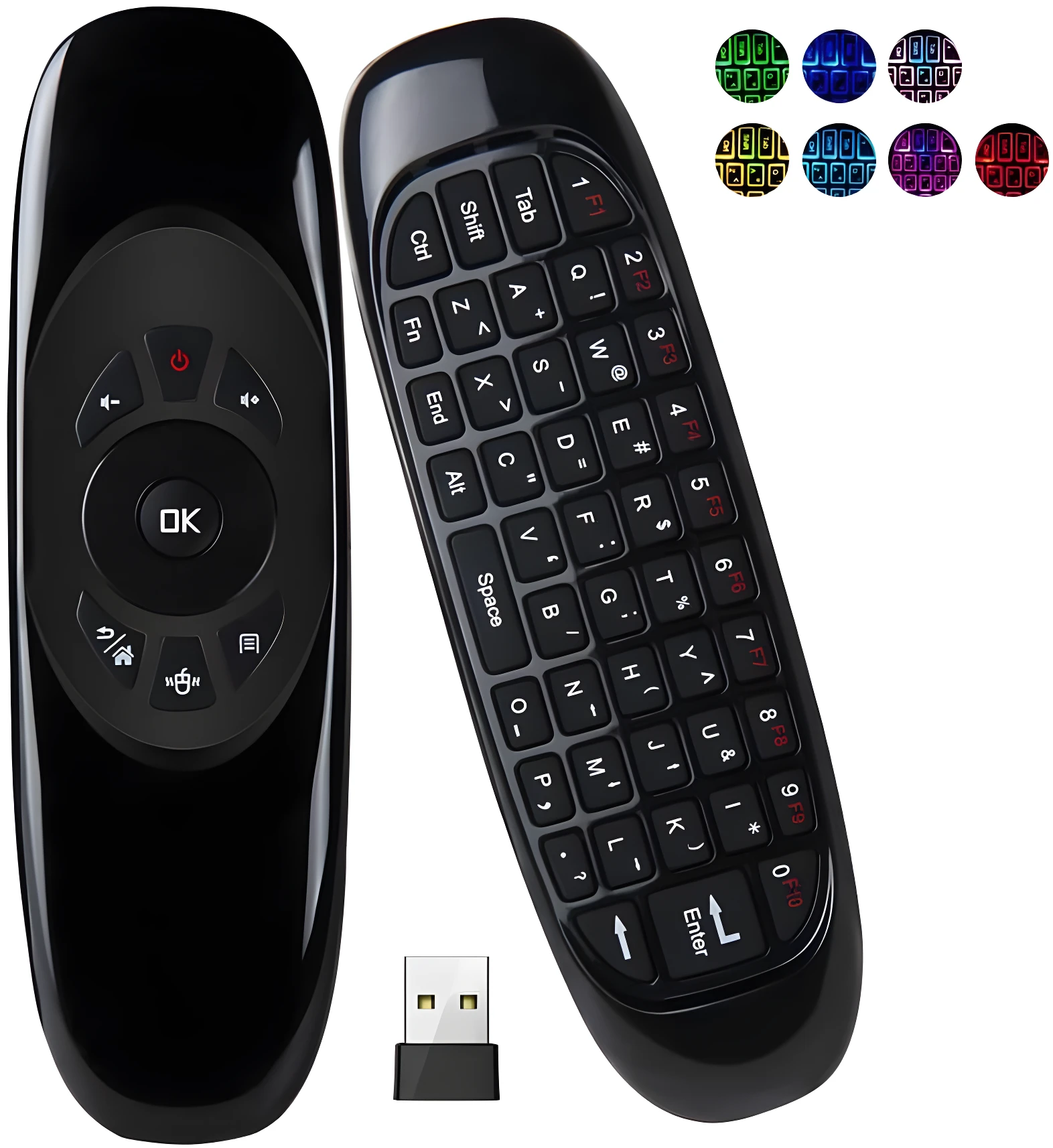 Control remoto Air Mouse Smart TV negro con teclado QWERTY y receptor USB.