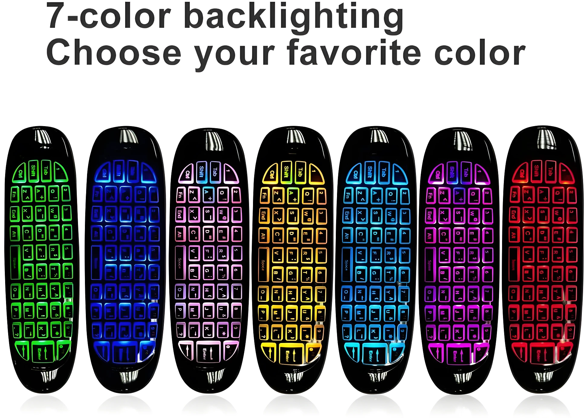 Control remoto Air Mouse Smart TV, teclado retroiluminado en 7 colores, ideal para diferentes dispositivos.