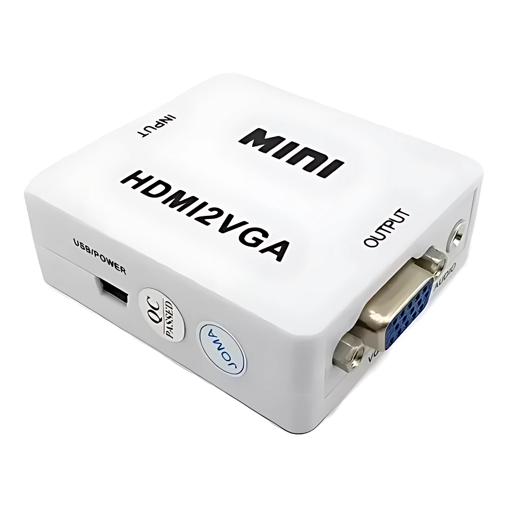 Adaptador HDMI a VGA blanco con puertos USB/Power, Audio y salida VGA. Ideal para conectar dispositivos modernos a pantallas antiguas.