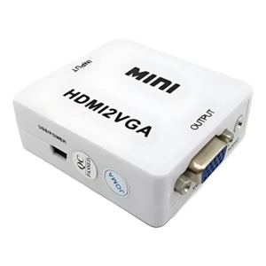Adaptador HDMI a VGA blanco con puerto de audio y USB para conexión de video y sonido.