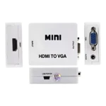 Adaptador blanco Mini HDMI a VGA con puertos de entrada, salida, audio y USB para conectar dispositivos.
