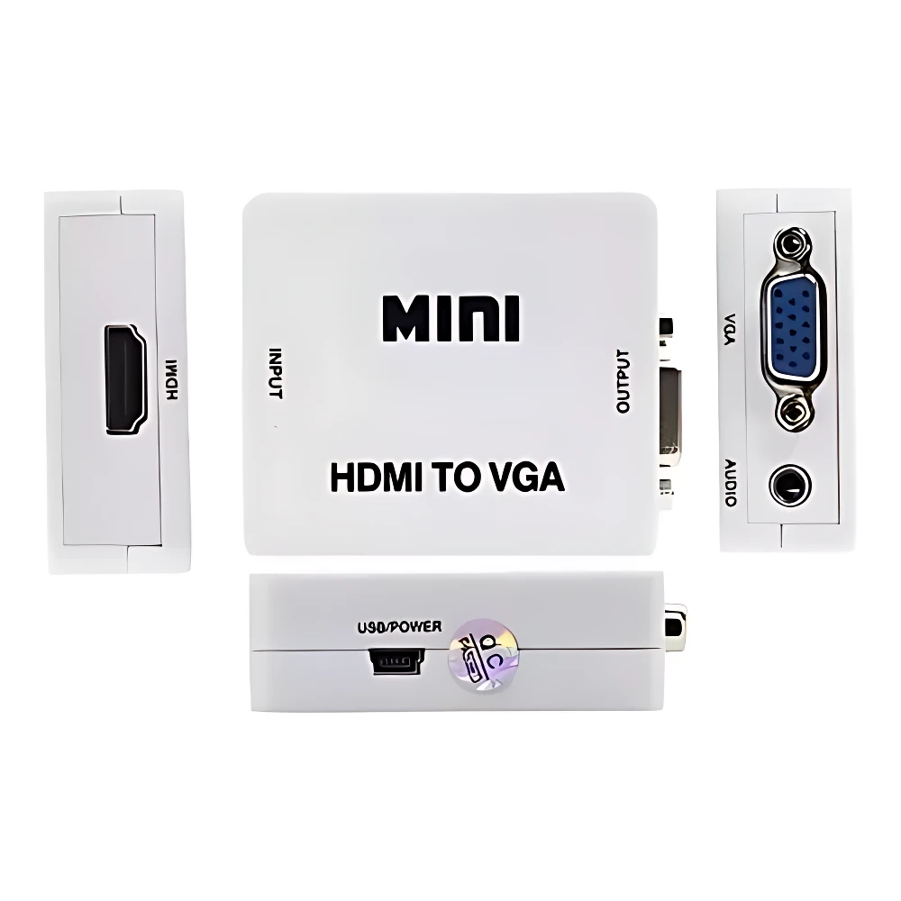 Adaptador blanco Mini HDMI a VGA con puertos de entrada, salida, audio y USB para conectar dispositivos.