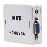 Adaptador Mini HDMI a VGA blanco con puerto de audio, ideal para conectar dispositivos modernos a pantallas antiguas.