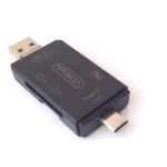 Adaptador OTG negro con puertos USB-A y USB-C, lector de tarjetas SD y TF.