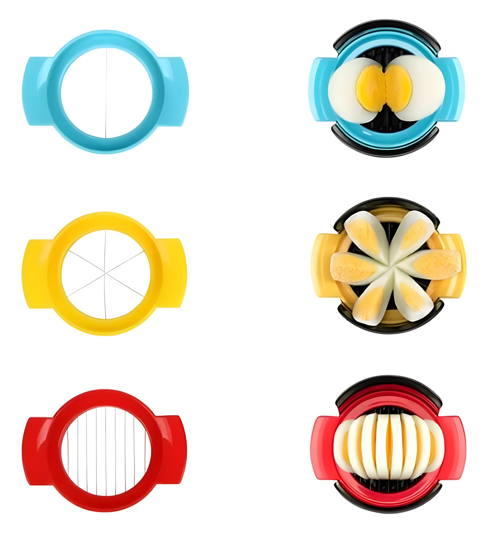 Set x2 cortador de huevos: uno azul para dividir, amarillo y rojo cortan en rodajas o pétalos.