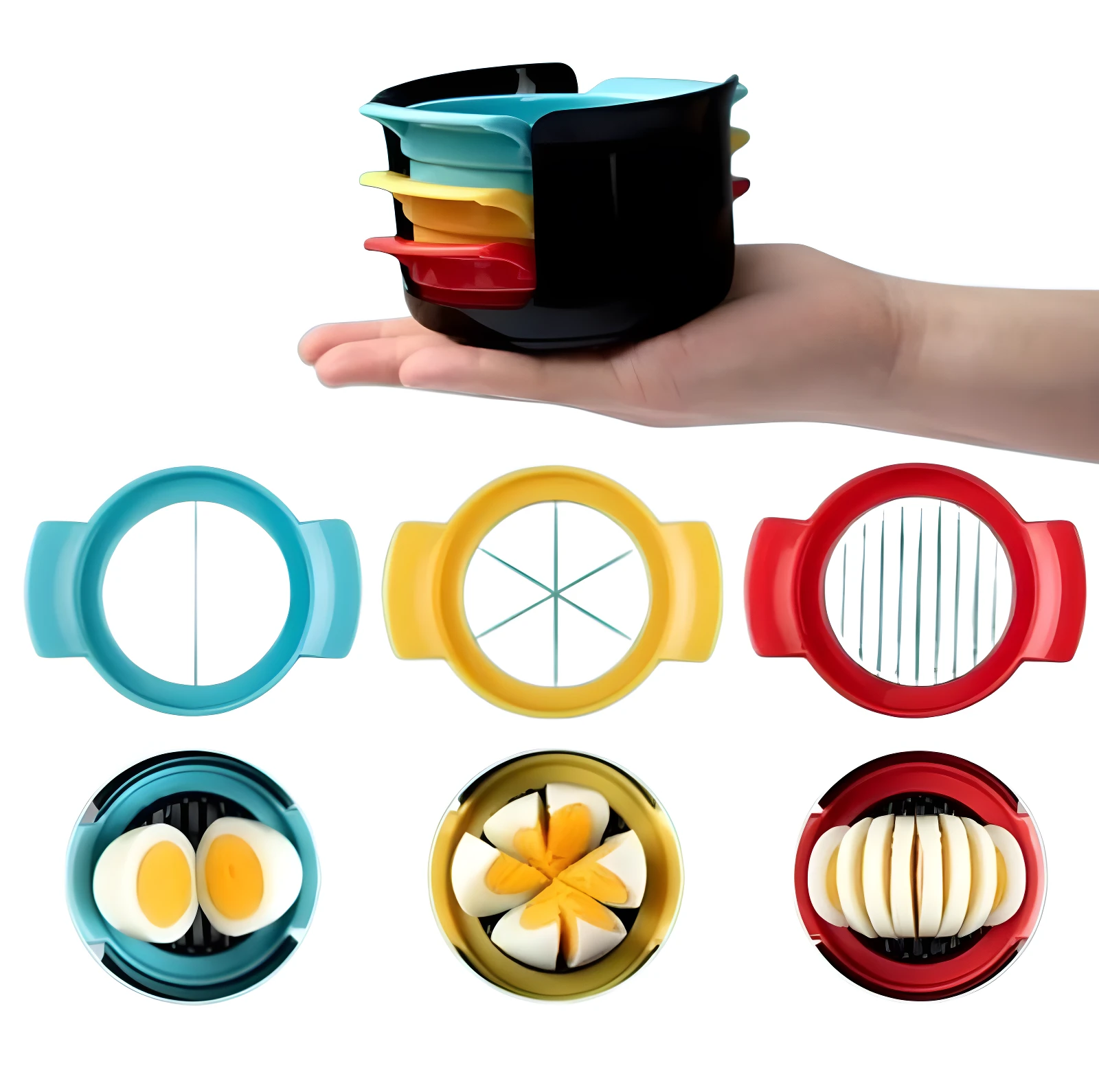 Set x2 cortador de huevos 3 en 1: azul (rebanadas), amarillo (gajos), rojo (lonjas). Incluye huevera.