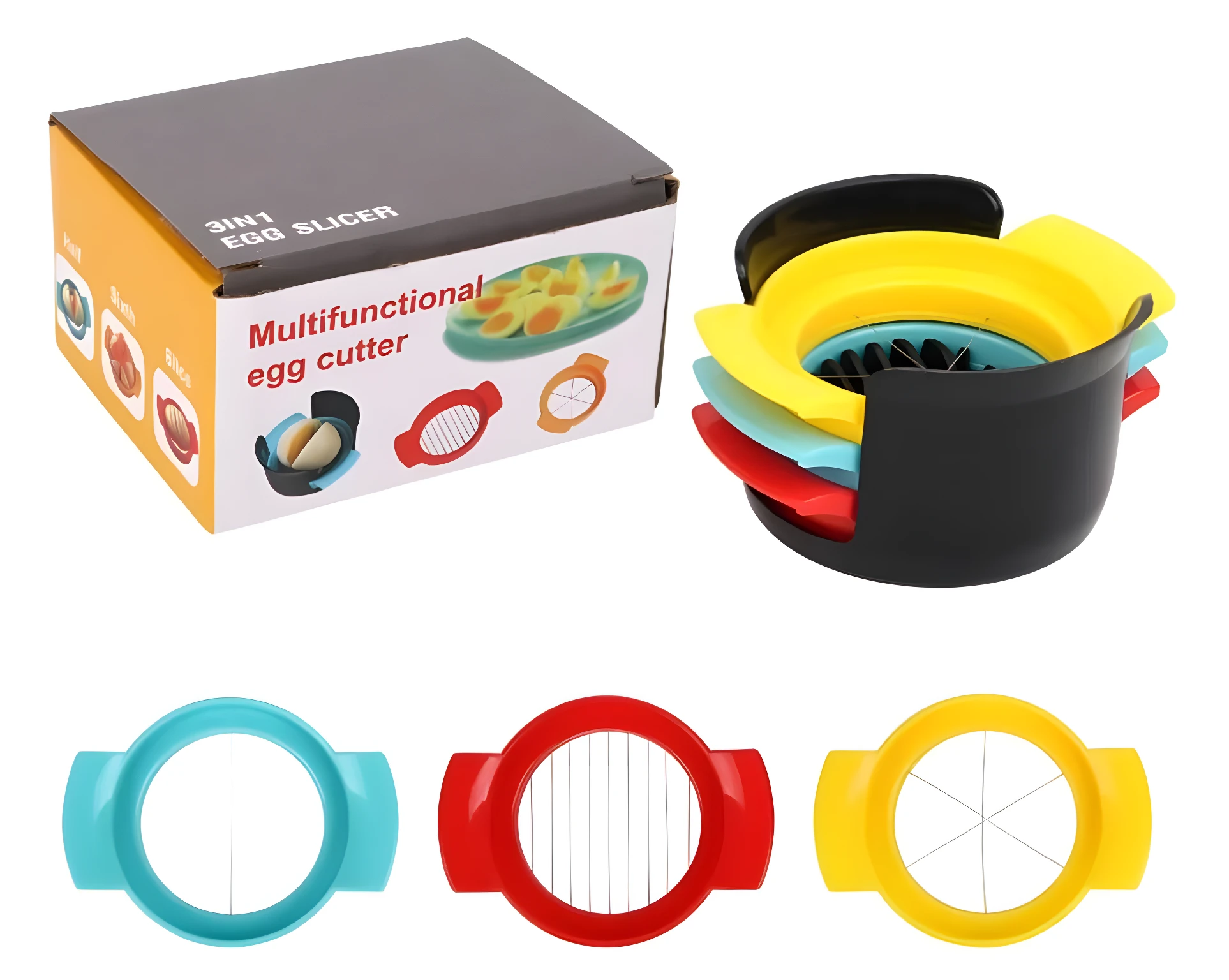 Set x2 cortador de huevos 3 en 1 en colores azul, rojo y amarillo; funcional para rebanar y cortar huevo cocido.