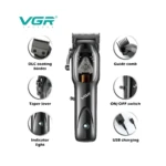 Cortadora inalámbrica VGR 653 color gris oscuro con cuchillas de carbono, palanca de ajuste, luz indicadora, interruptor lateral y puerto de carga USB.