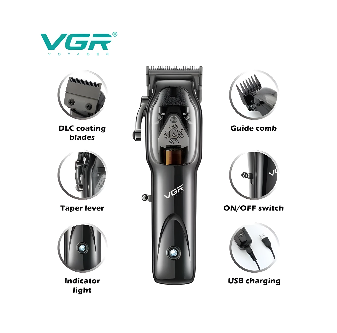 Cortadora inalámbrica VGR 653 color gris oscuro con cuchillas de carbono, palanca de ajuste, luz indicadora, interruptor lateral y puerto de carga USB.