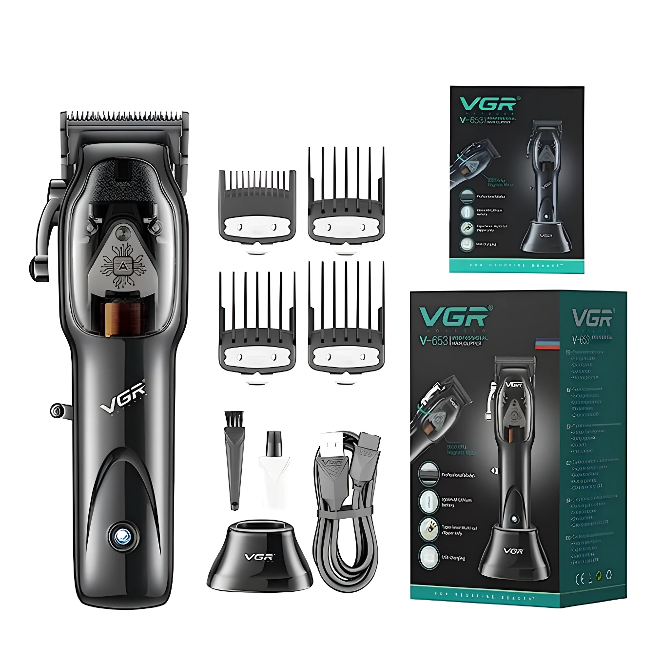 Cortadora de cabello inalámbrica VGR 653 negra con cuchillas de carbono, incluye cuatro guías de corte, base cargadora, cable USB, aceite y cepillo.