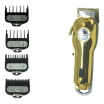 Cortadora de cabello inalámbrica Kemei KM1986 dorada con display digital y cuatro peines guía metálicos marcados con medidas A, 1, 2 y B.