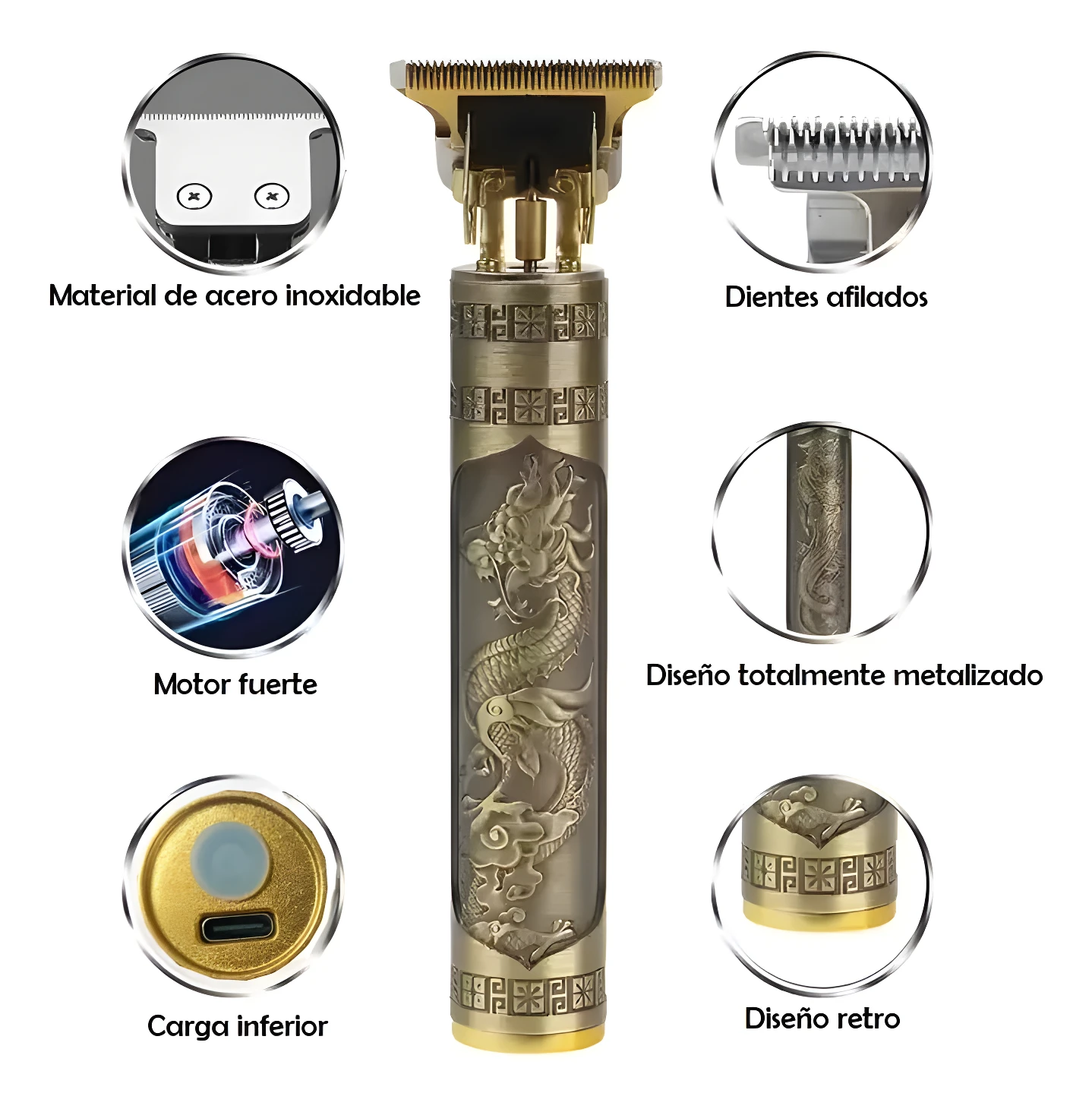 Cortadora de pelo profesional dorada con diseño de dragón, motor potente, carga inferior y detalles retro.