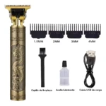 Cortadora de pelo profesional dorada con diseño de dragón y accesorios: peines, cepillo, aceite y cable USB.
