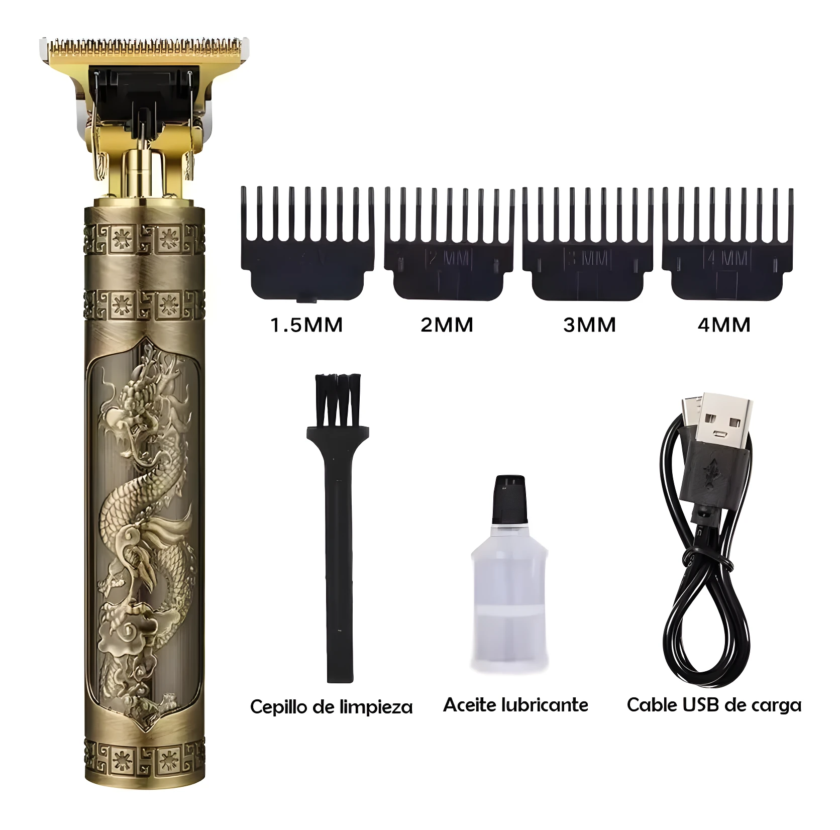 Cortadora de pelo profesional dorada con diseño de dragón y accesorios: peines, cepillo, aceite y cable USB.