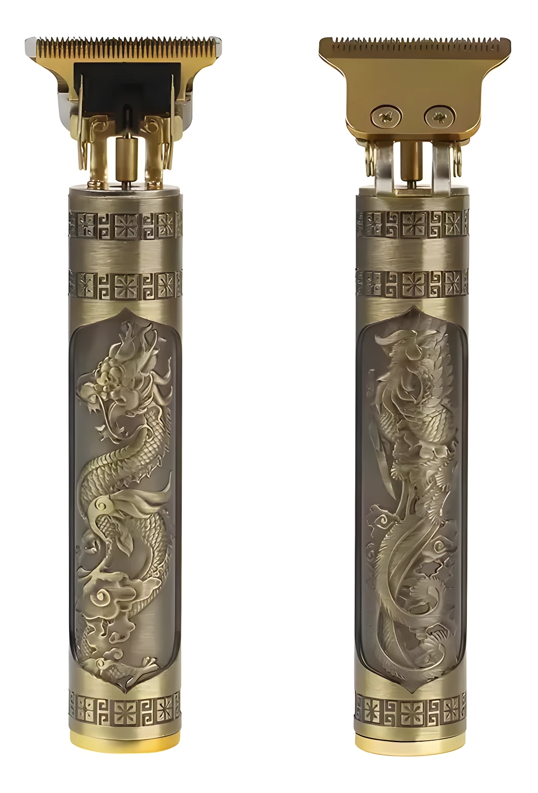 Cortadora de pelo profesional dorada con grabado de dragón, diseño metálico texturizado.