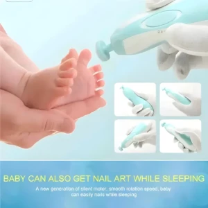 Cortauñas eléctrico azul para bebés, silencioso, con luz LED, ideal para recortar uñas mientras duermen sin riesgo.