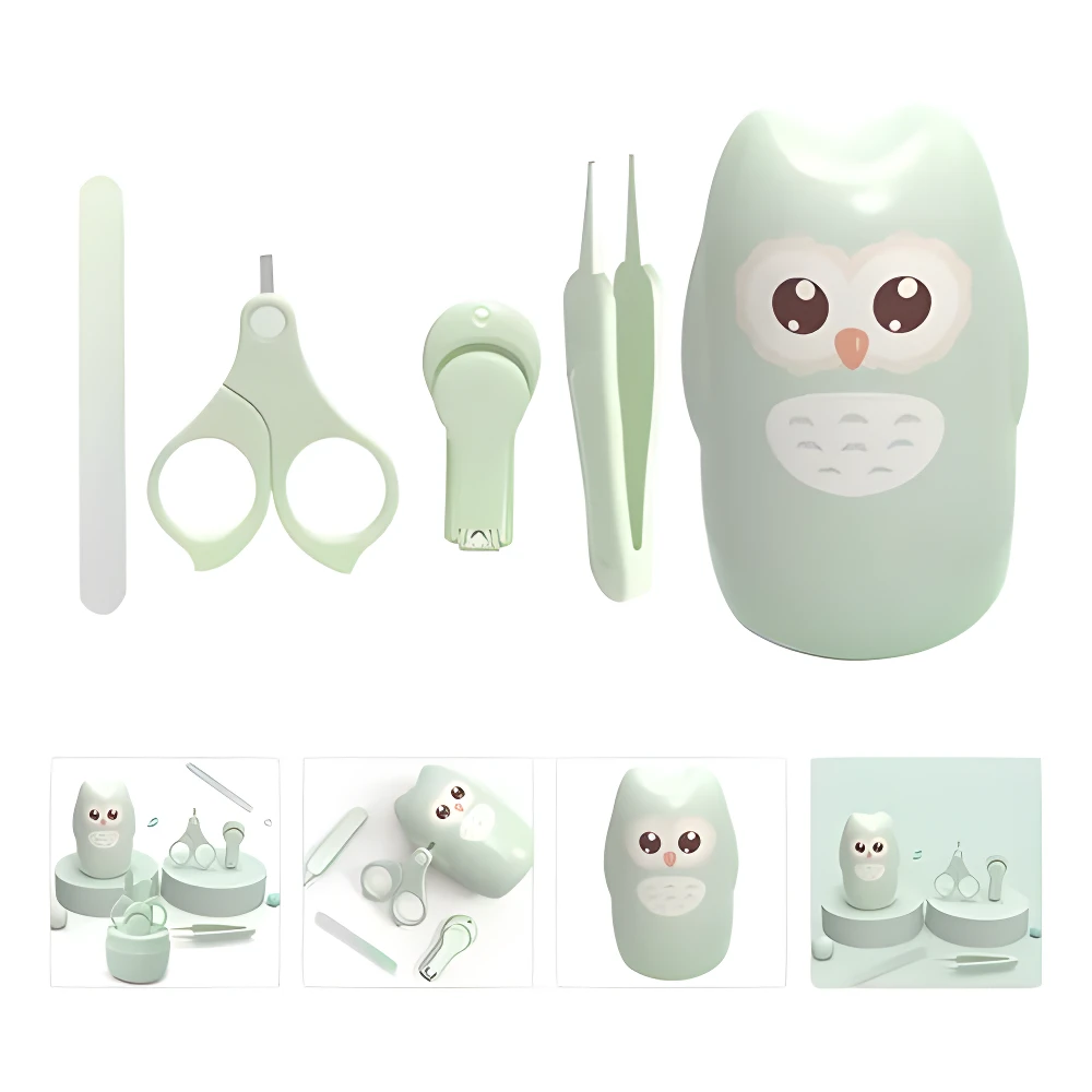 Set de cortauñas para bebé verde menta con tijeras, lima, pinzas y estuche de búho.