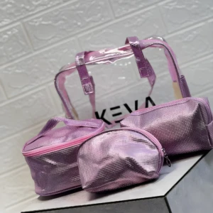 Set x4 cosmetiqueras brillantes moradas, transparente grande y tres pequeñas de diferentes formas, para organizar.