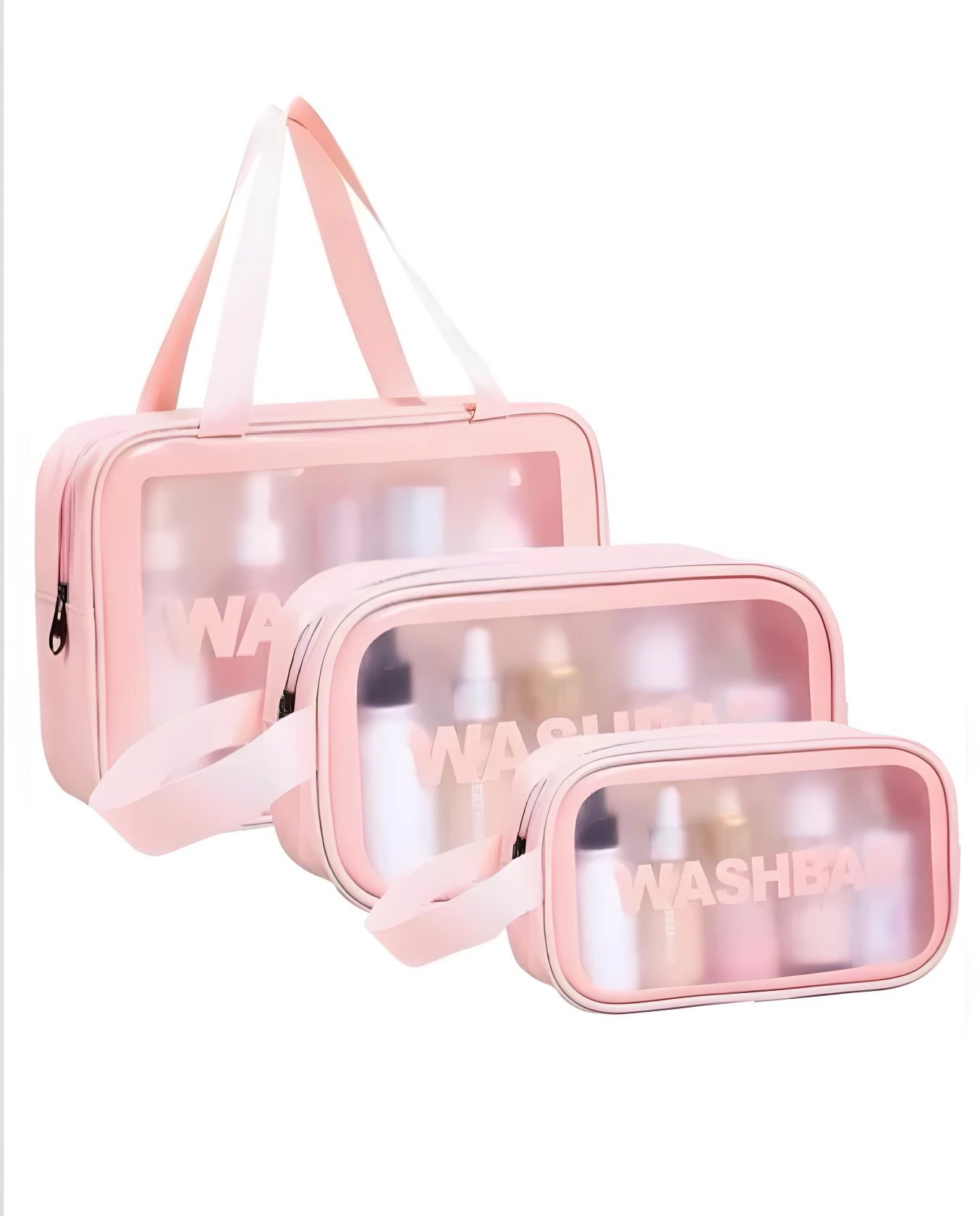 Tres cosmetiqueras transparentes y rosadas "Wash Bag" en diferentes tamaños, ideales para organizar productos de belleza en viajes.