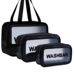 Set de 3 neceseres transparentes negros "Wash Bag", uno grande con asas y dos medianos y pequeños, ideales para organizar.