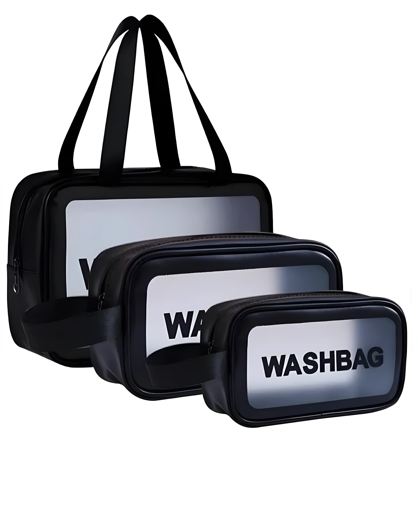 Set de 3 neceseres transparentes negros "Wash Bag", uno grande con asas y dos medianos y pequeños, ideales para organizar.