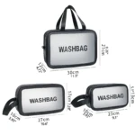 Set de 3 cosmetiqueras transparentes, negras, con diferentes medidas: 30x12x21cm, 27x10x17cm y 23x9x13cm.