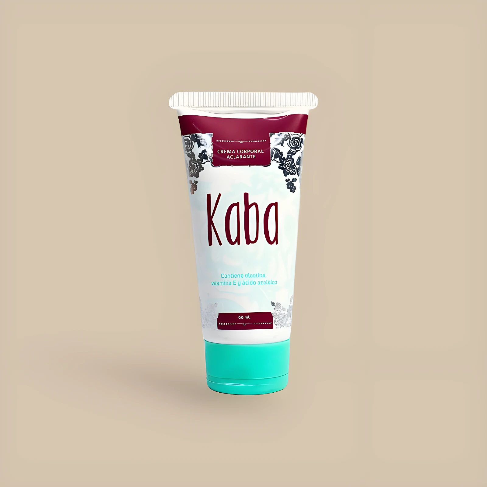 Crema corporal aclarante Kaba en tubo blanco con tapa turquesa, 60 mL, con diseño floral.