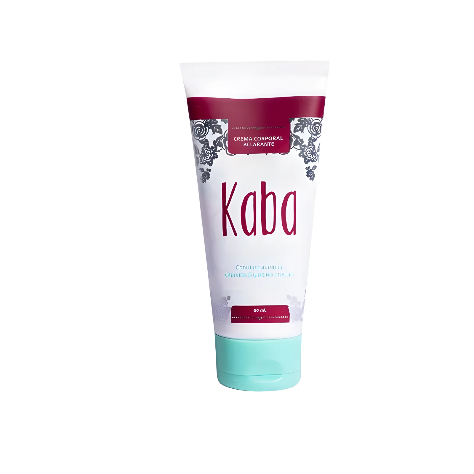 Crema corporal Kaba aclarante con vitaminas, 60 mL, en tubo blanco con detalles florales en burdeo y tapa turquesa.