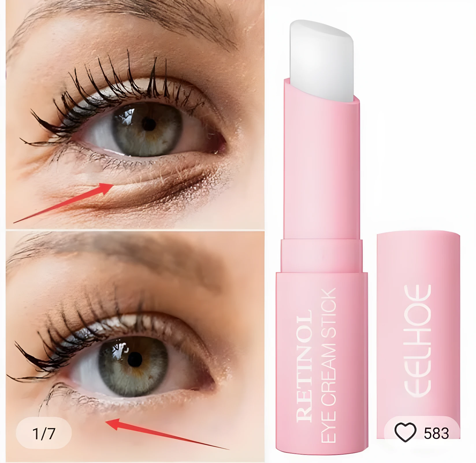 Crema para ojos Retinol EELHOE en barra rosa, atenúa arrugas del contorno, antes y después.