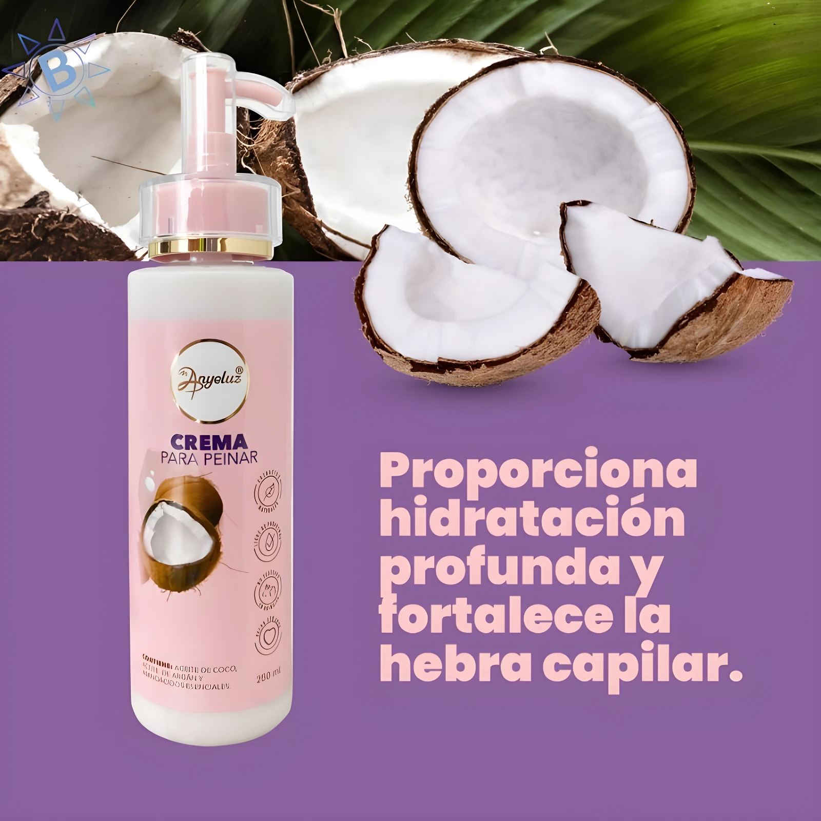Crema para peinar Anyeluz 250ml con coco, hidrata y fortalece el cabello.