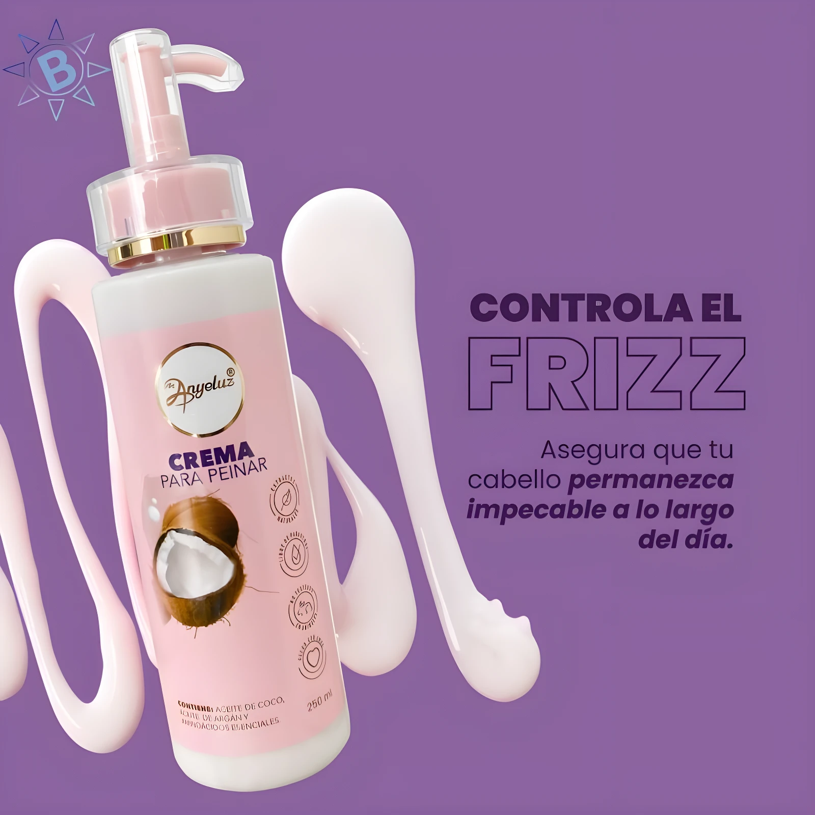 Crema para peinar Anyeluz 250ml con aceite de coco y argán, controla el frizz y asegura un cabello impecable.