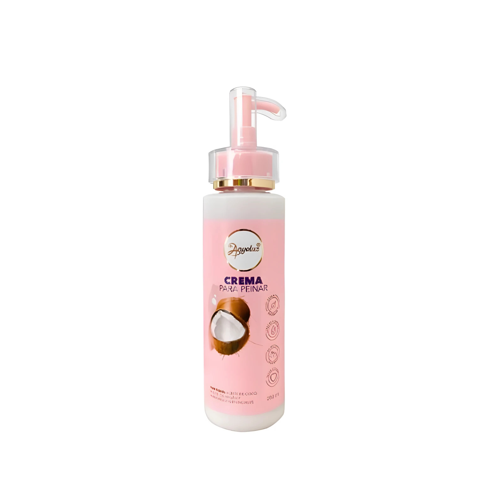 Crema para peinar Anyeluz de coco, en envase rosa con dispensador, hidrata y protege el cabello.