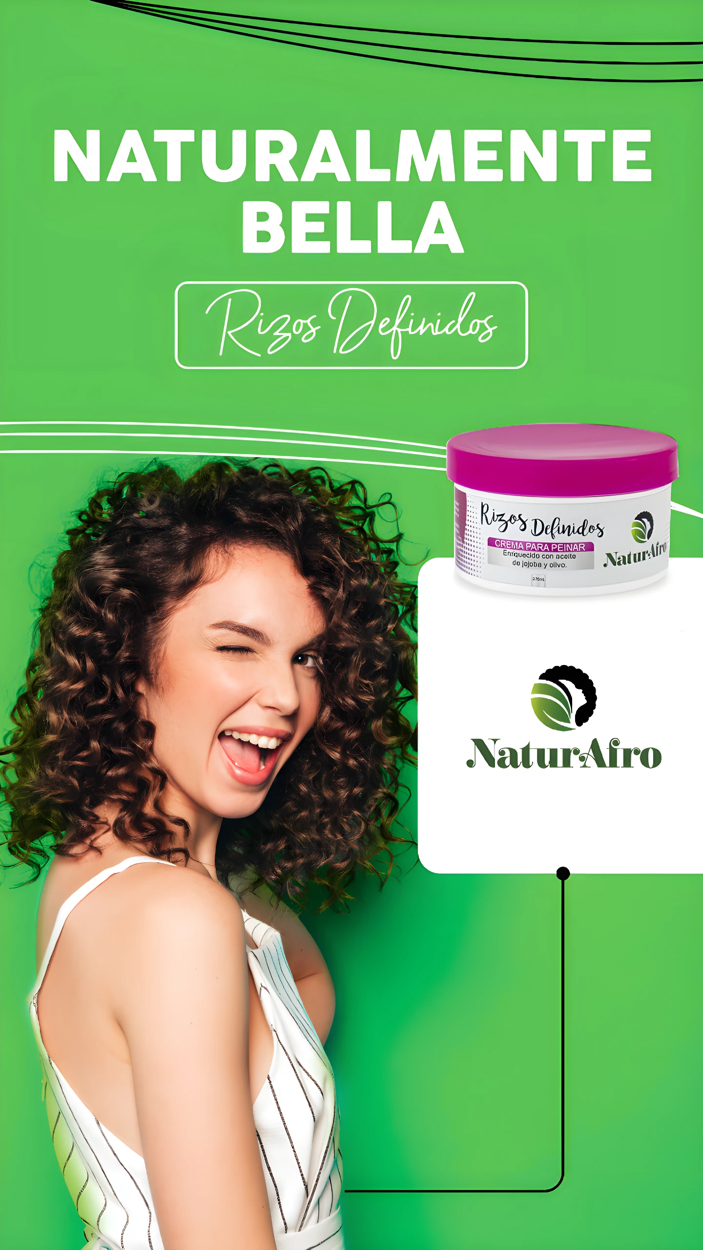 Crema para peinar NaturAfro Rizos Definidos 1L en envase morado con mujer rizada guiñando un ojo.