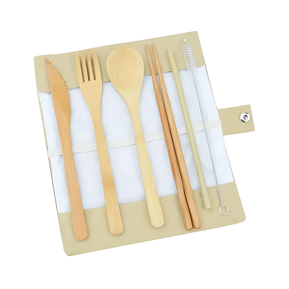 Set x2 cubiertos bambú natural con estuche tela, incluye tenedor, cuchara, cuchillo, palillos, pitillo y limpiador.