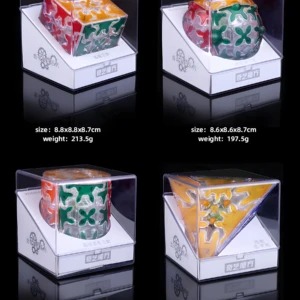 Cubo Rubik cilíndrico de colores rojo, verde y amarillo, con diferentes tamaños y pesos.