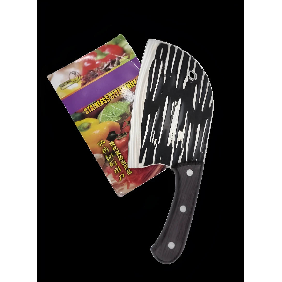 Cuchillo hachuela profesional con hoja de acero inoxidable y mango oscuro, sobre empaque de vegetales.