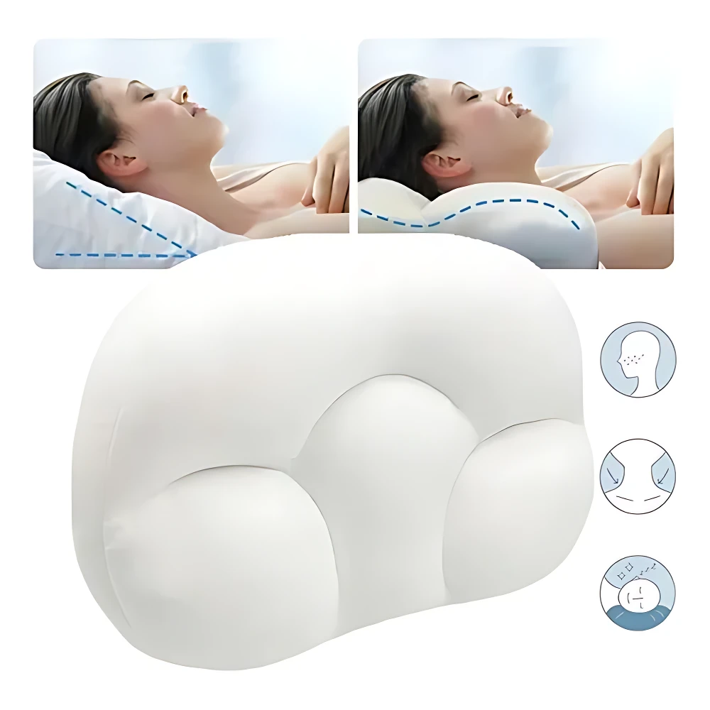 Almohada cervical 3D blanca ergonómica Deep Sleep para aliviar tensión, con soportes para cabeza y cuello.