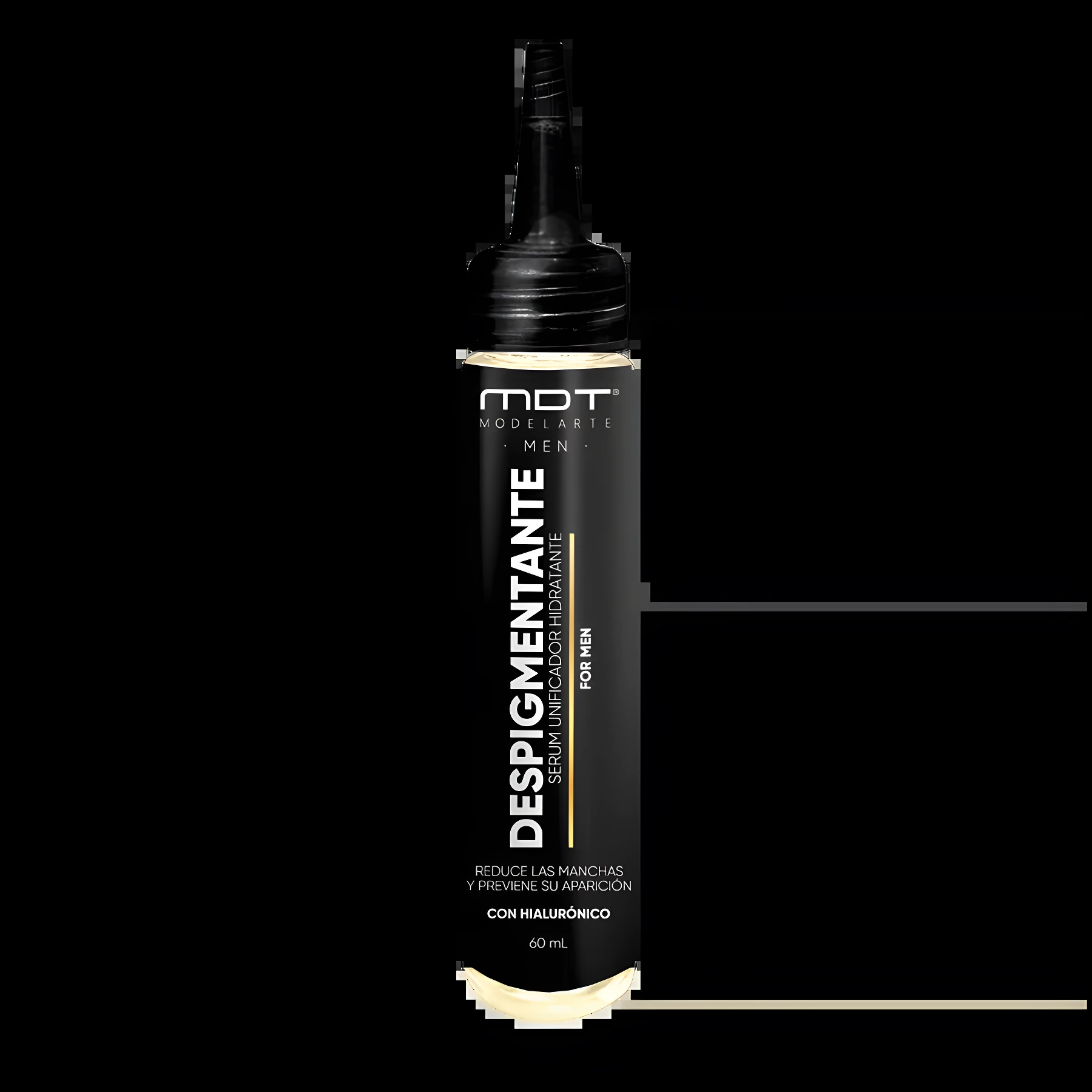 Suero despigmentante unificador hidratante MDT Men 60 ml con ácido hialurónico.