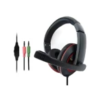 Diadema gamer negra con micrófono ajustable, cable con conectores rosa y verde para PC.