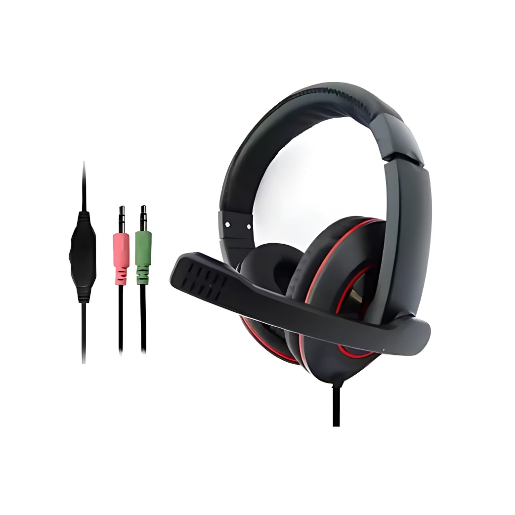 Diadema gamer negra con micrófono ajustable, cable con conectores rosa y verde para PC.