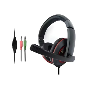 Diadema gamer negra Bysoul BS-402 con micrófono y cables con conectores rosa y verde para PC.