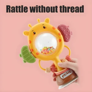 Sonajero didáctico en forma de jirafa amarilla con cascabeles de colores y ventosa.