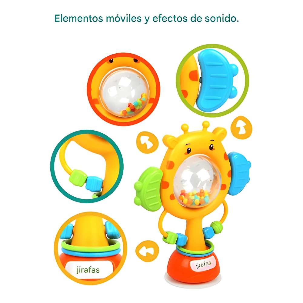 Sonajero jirafa didáctico amarillo con ventosa y sonajero para bebés, con detalles móviles y sonoros.